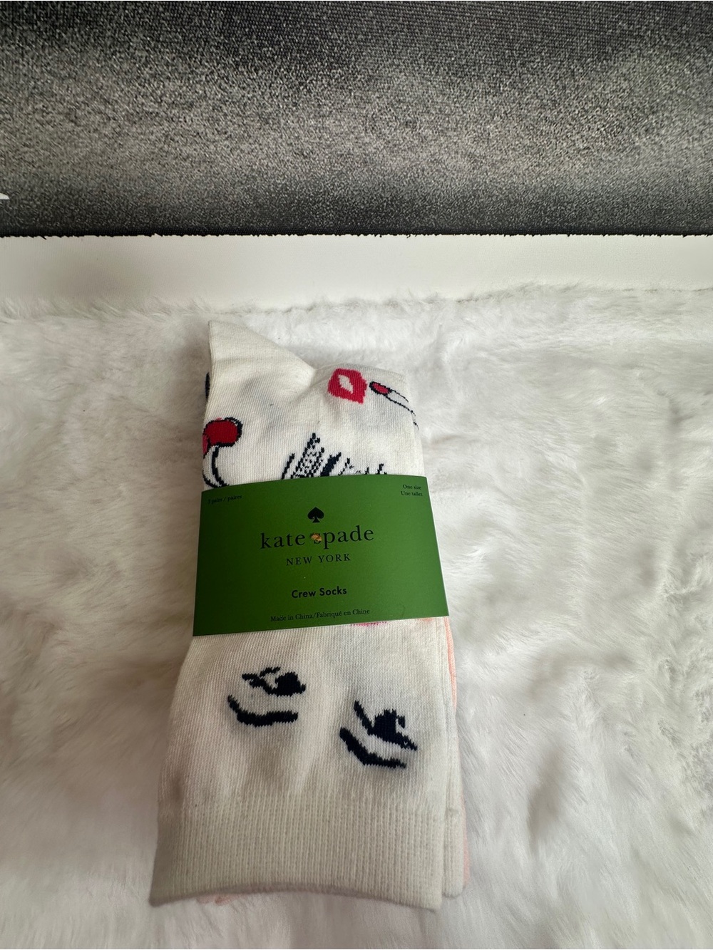 kate spade White Crew Socks with Red Lip and Navy Floral Motifs